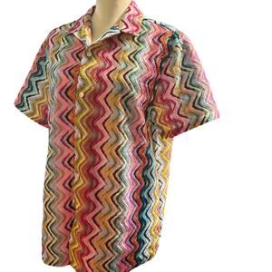 Topman Knitted Crochet Revere Shirt, Multicolor Vertical Zig Zag, Men's Medium